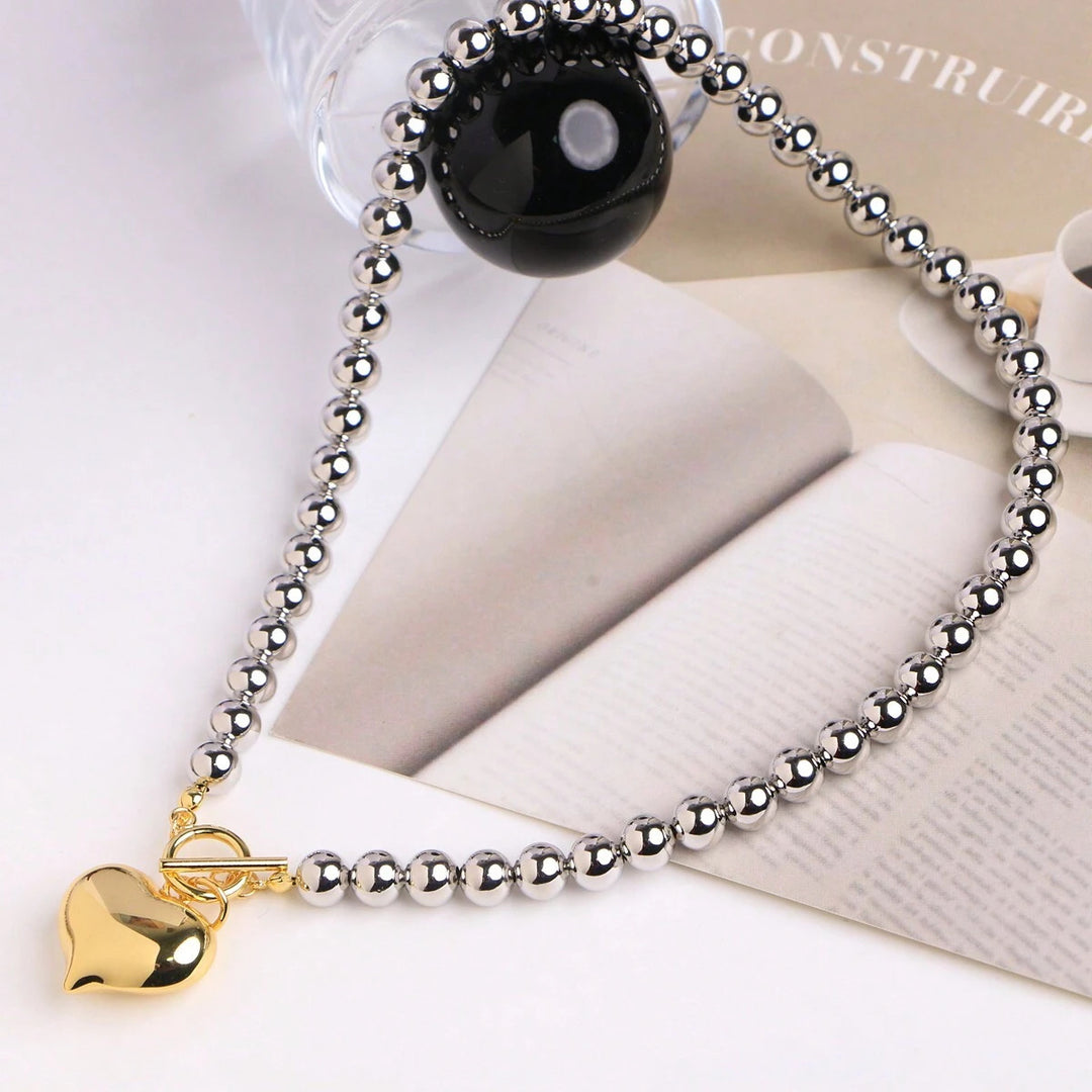 Silver Bead Lock Heart Necklace