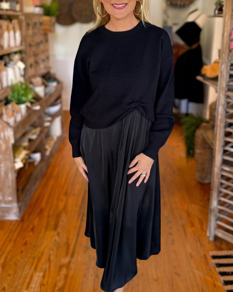 Elegant Black Two-Piece Look Pleated Midi Dress