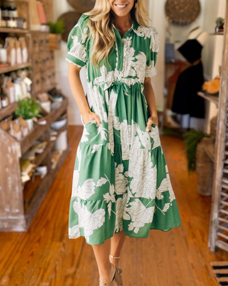 Elegant Green Floral Midi Dress 
