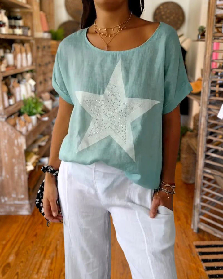 Rhinestone Detail Cotton & Linen Loose T-Shirt