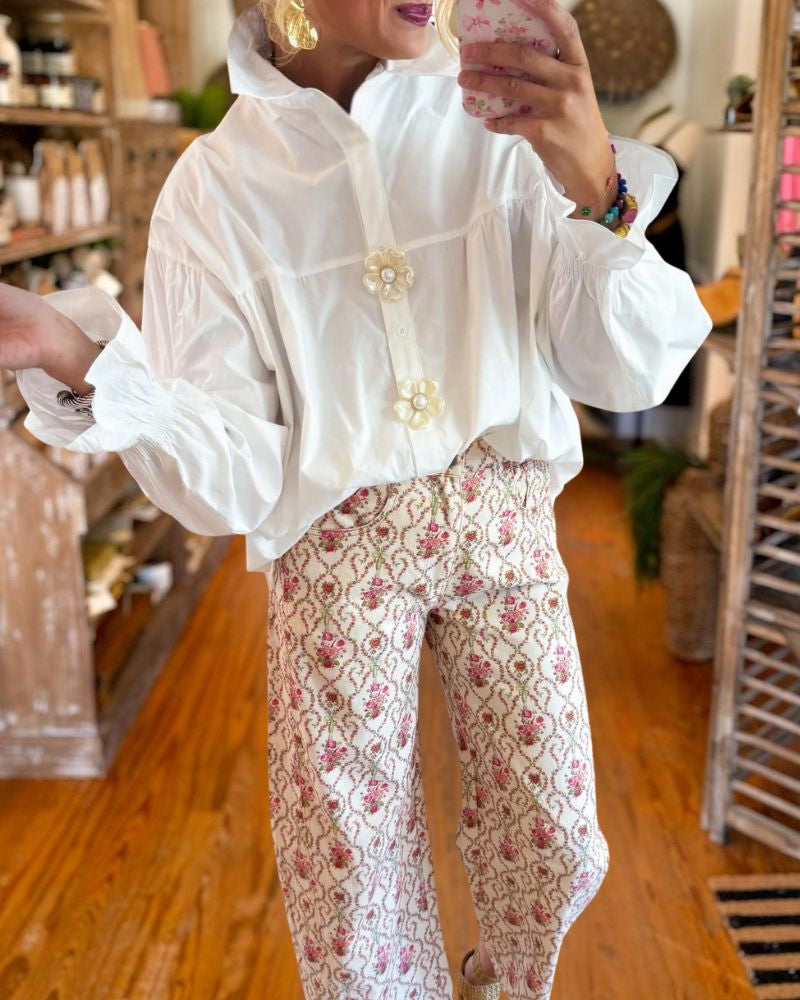 White Shirt with Flower Buttons
