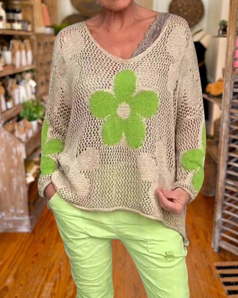Spring Hollow Floral Knit Top
