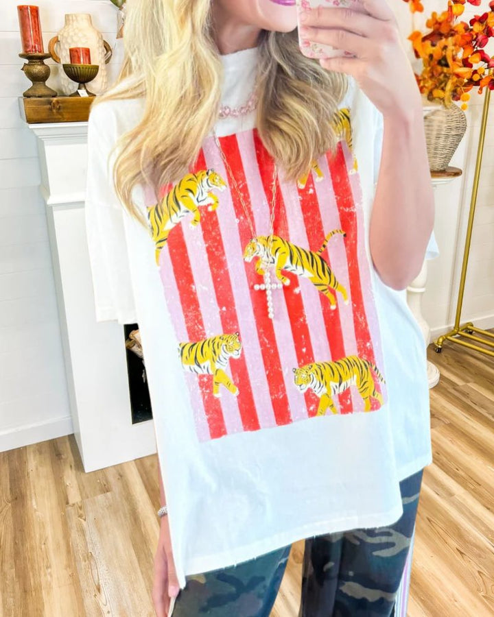 Trendy Striped Tiger Mixed Print T-Shirt