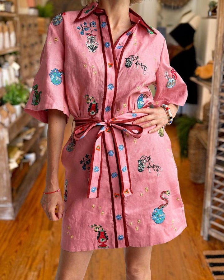 Inspired Creative Print Belted Shirt Mini Dress