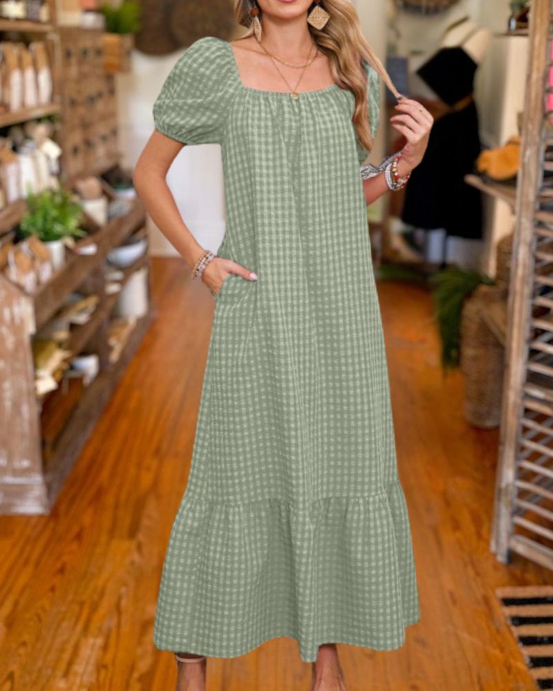 Gingham Square Neck Puff Sleeve Maxi Dress