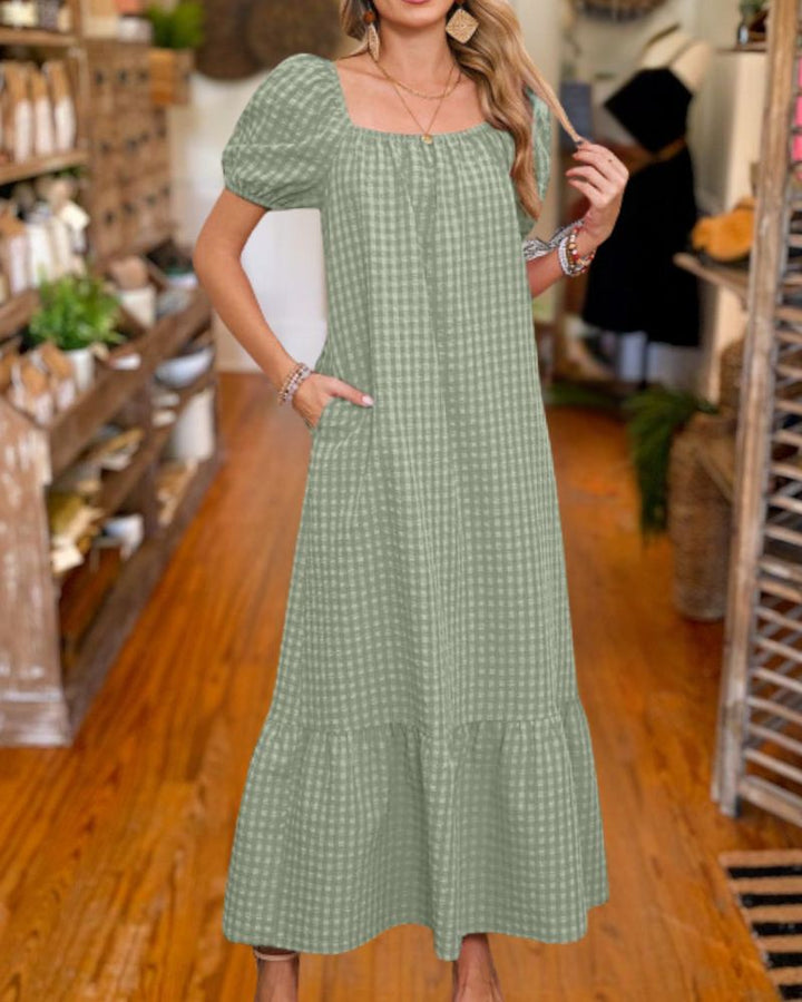Gingham Square Neck Puff Sleeve Maxi Dress