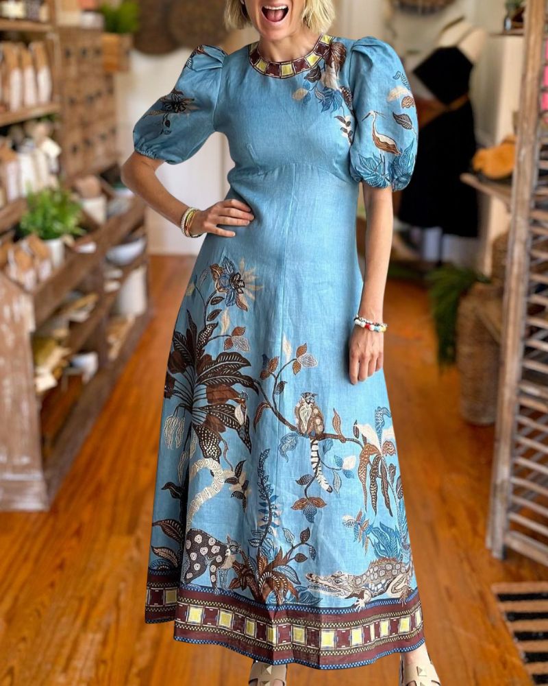 Designer Inspired Blue Botanical Puff Sleeve Maxi Dress