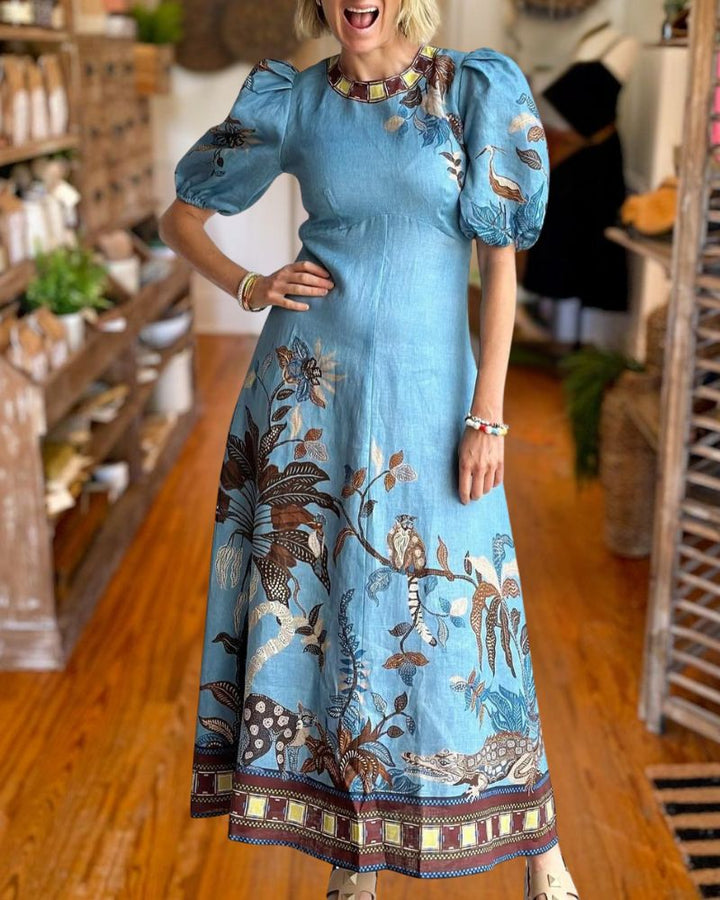 Designer Inspired Blue Botanical Puff Sleeve Maxi Dress