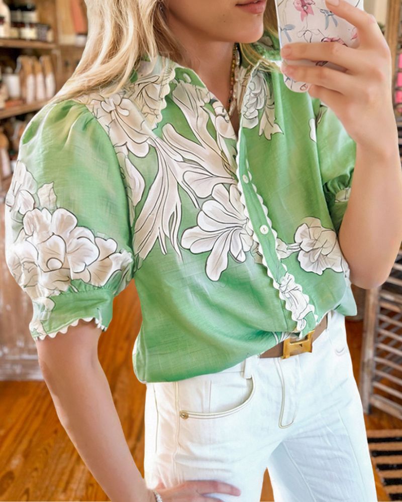Casual Floral Print Ruffle Lapel Shirt