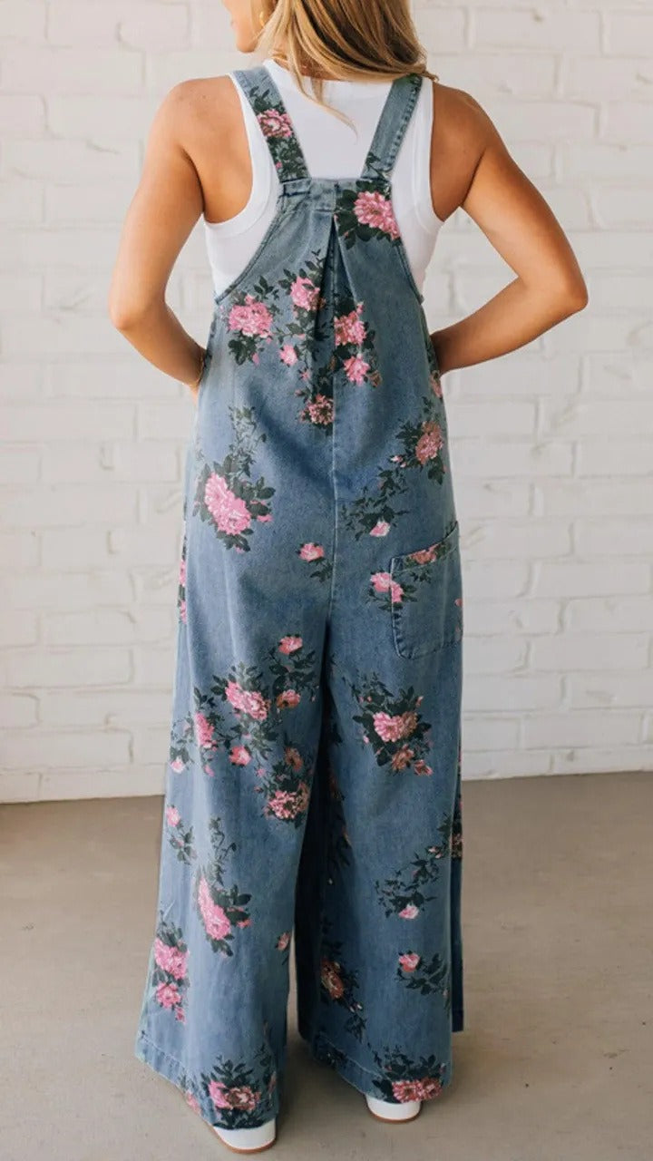 Floral Denim Sleeveless Jumpsuit