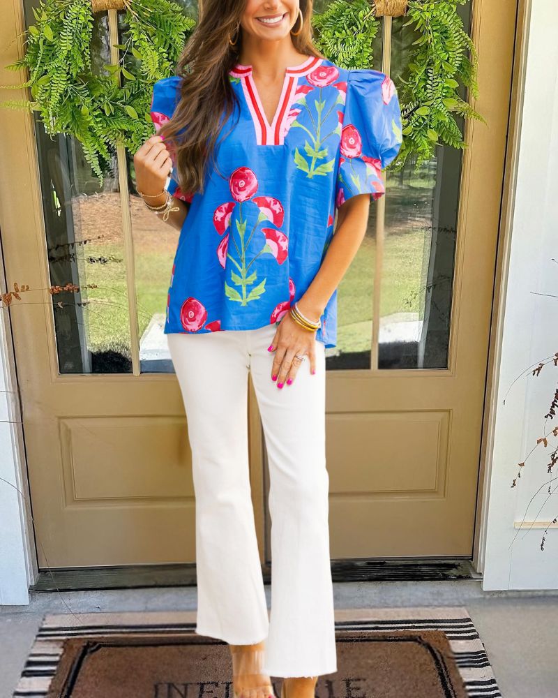 Floral Contrast Collar Top