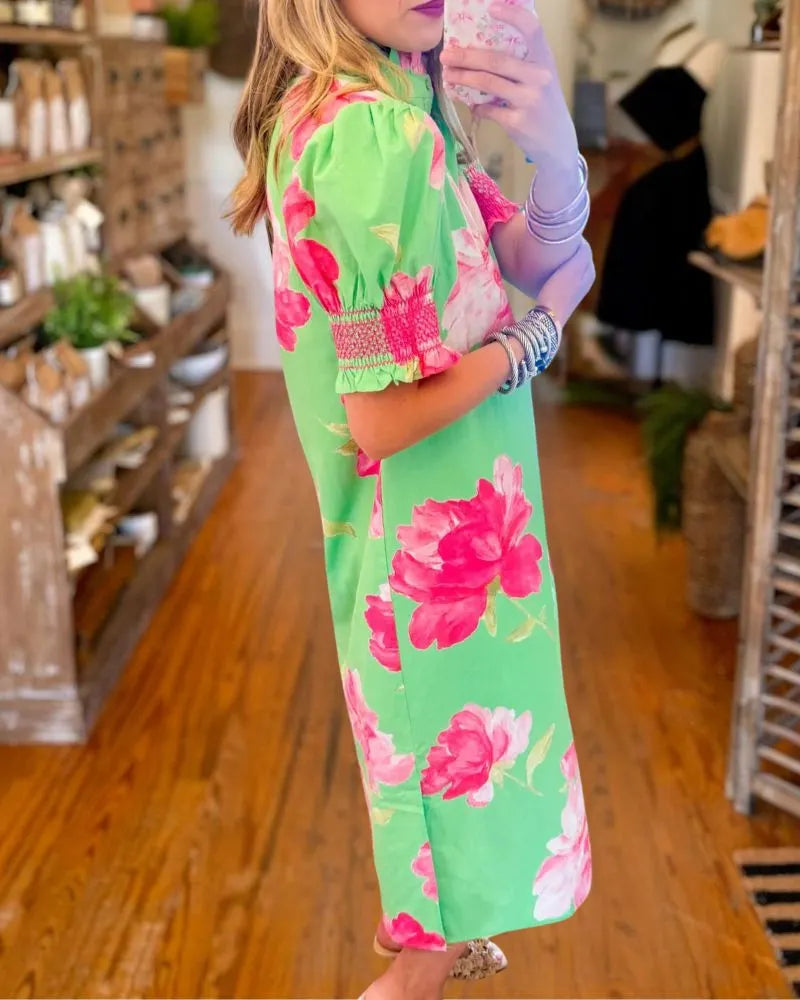 Elegant Floral Puff Sleeve Midi Dress