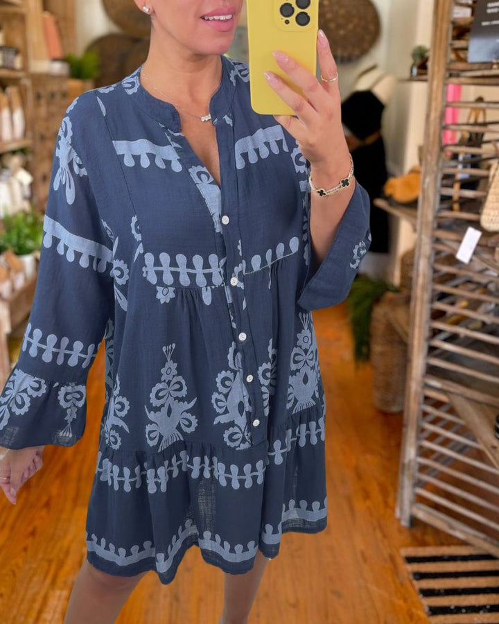 Comfortable Loose Printed Crew Neck Dress