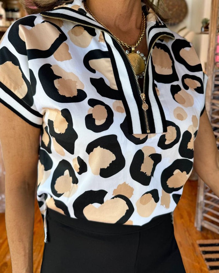 Everyday Zip-Up Leopard Print Top