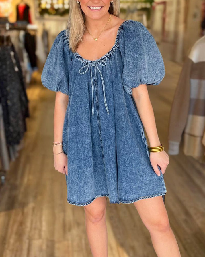 Washed Puff Sleeve Denim Dress