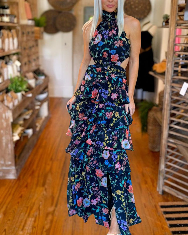 Elegant Floral Halter Neck Ruffle Tiered Maxi Dress