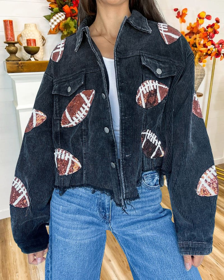 Sequin Embroidered Corduroy Varsity Jacket