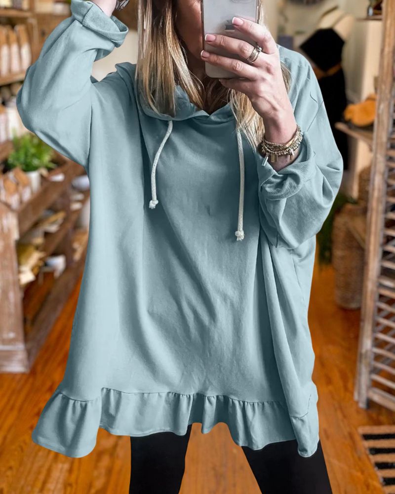 Casual Ruffle Trim Loose Fit Hoodie