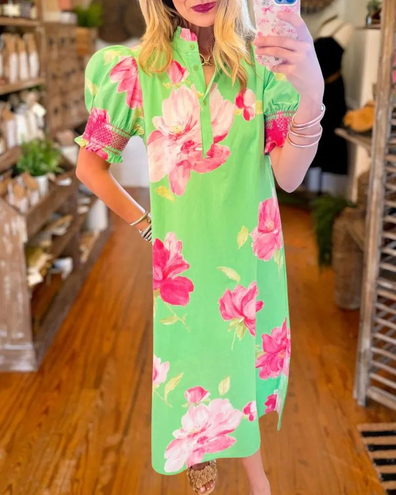Elegant Floral Puff Sleeve Midi Dress