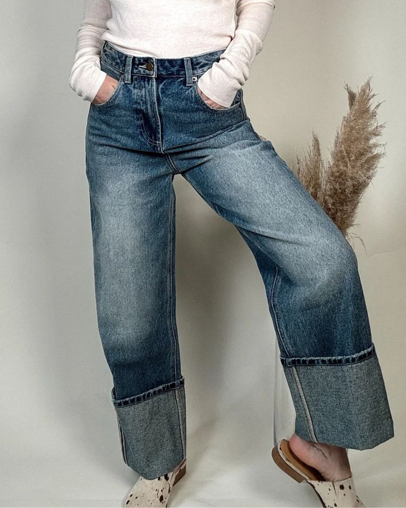 Hem Straight Leg Denim Pants