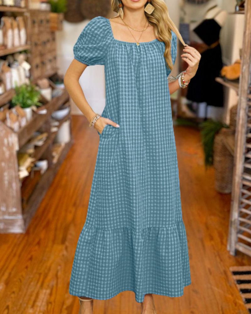 Gingham Square Neck Puff Sleeve Maxi Dress