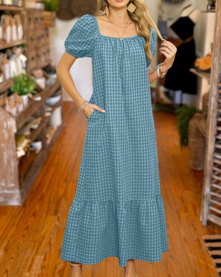 Gingham Square Neck Puff Sleeve Maxi Dress