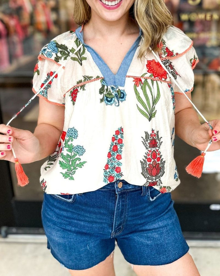 Floral Print Double Sleeve Casual Top