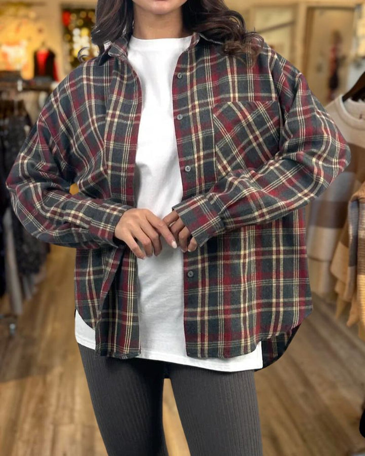 Retro-Inspired Lapel Plaid Shirt