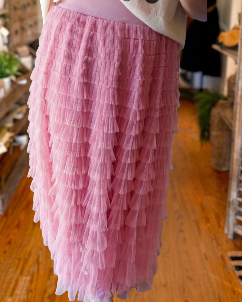 Pink Tiered Tulle Midi Skirt 