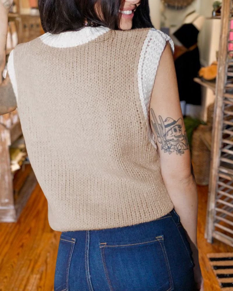 Minimalist Colorblock Round Neck Knit Vest