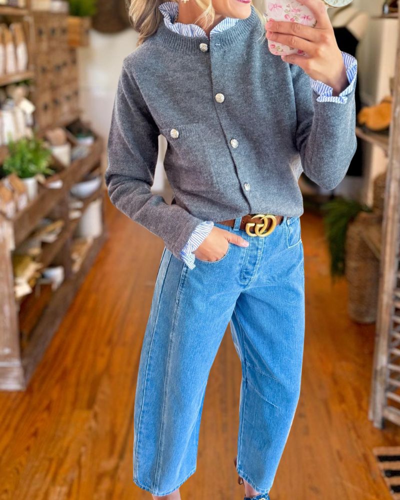 Preppy Knit Cardigan with Shirt Collar
