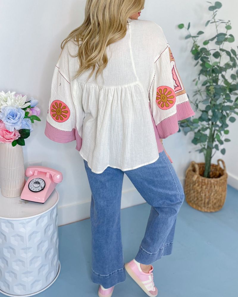 Casual Cotton & Linen V-Neck Print Top