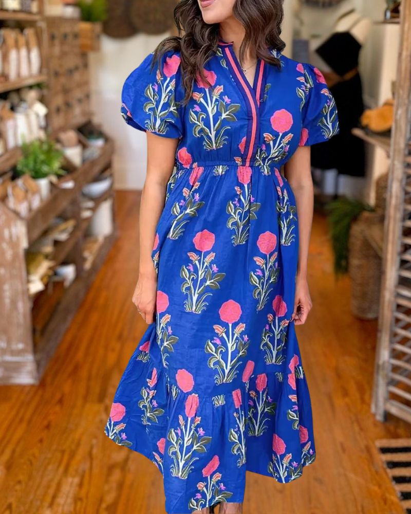 Elegant Blue Floral Puff Sleeve Midi Dress