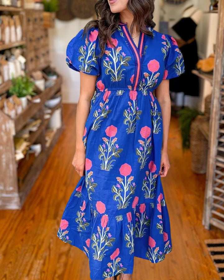 Elegant Blue Floral Puff Sleeve Midi Dress