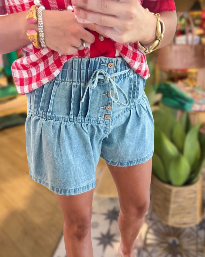 Pleated Button Detail Denim Shorts
