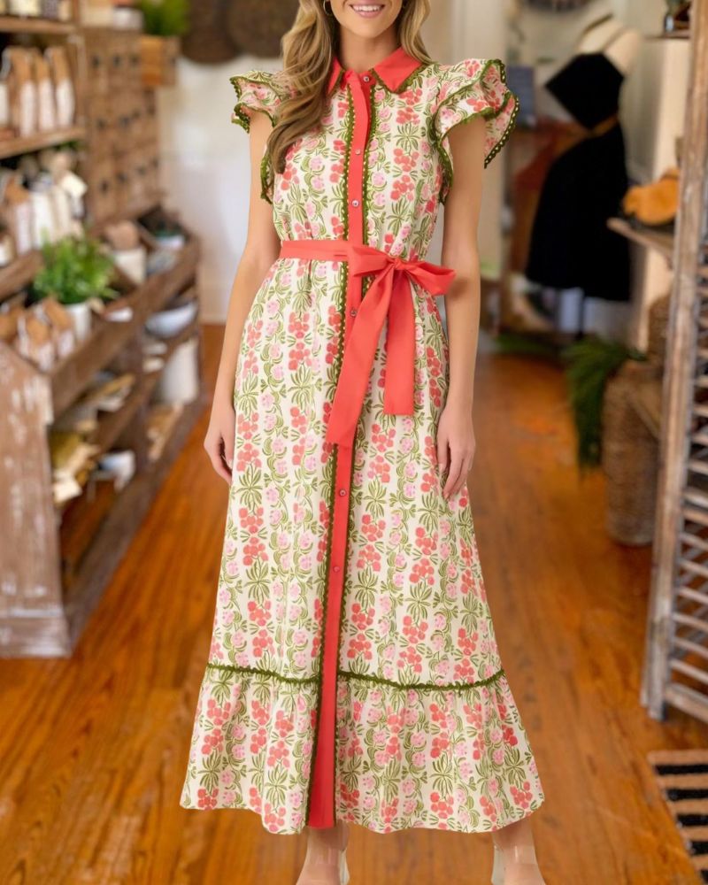 Vintage Floral Ruffle Sleeve Belted Maxi Dress