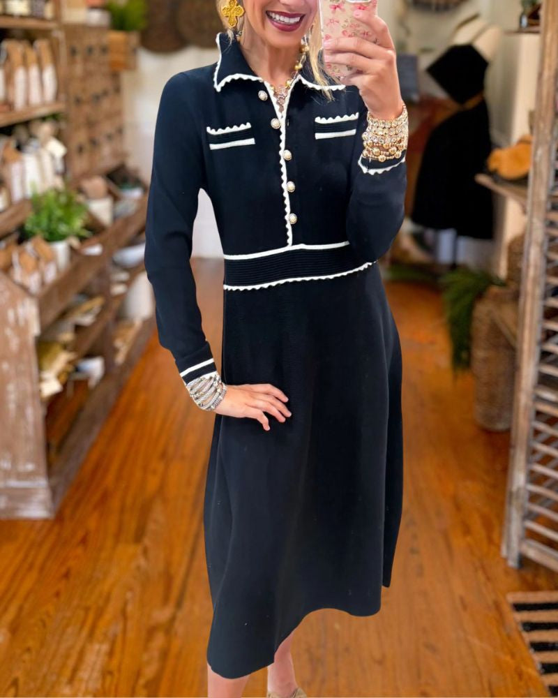 Elegant Navy Knit Long Sleeve Midi Dress
