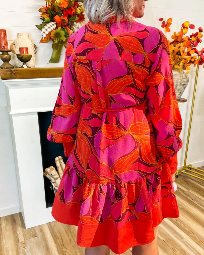 Fashion Plant Print Shirt Mini Dress