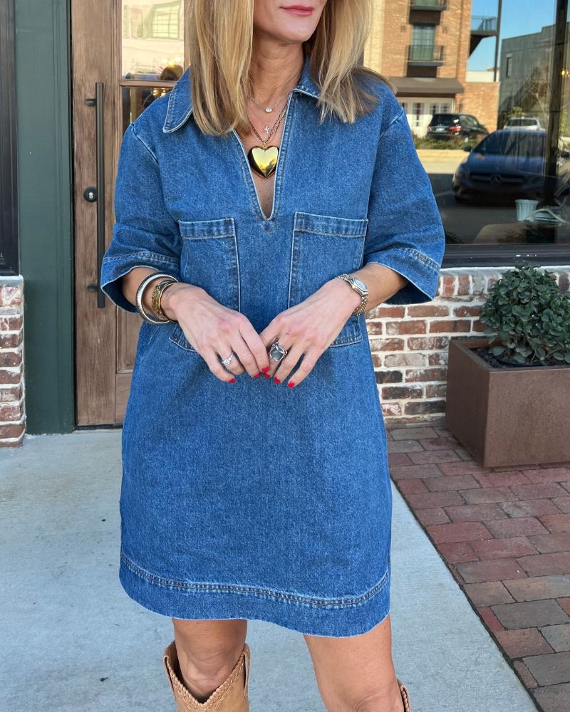 Lapel Short Sleeve Loose Denim Dress