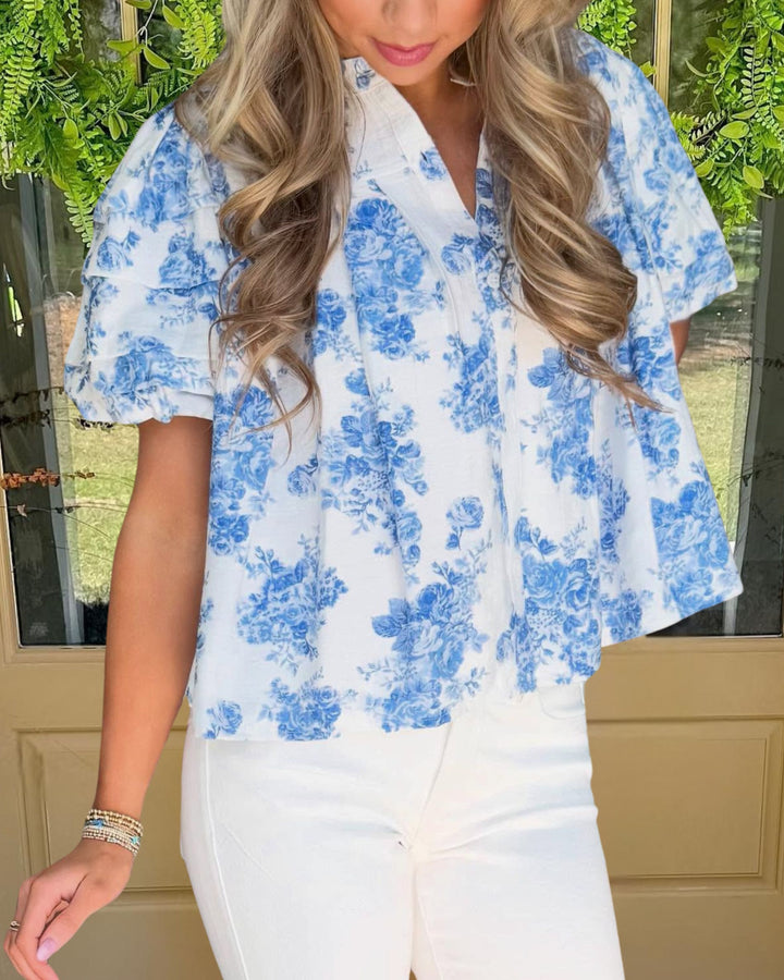 Blue Floral Puff Sleeve Blouse