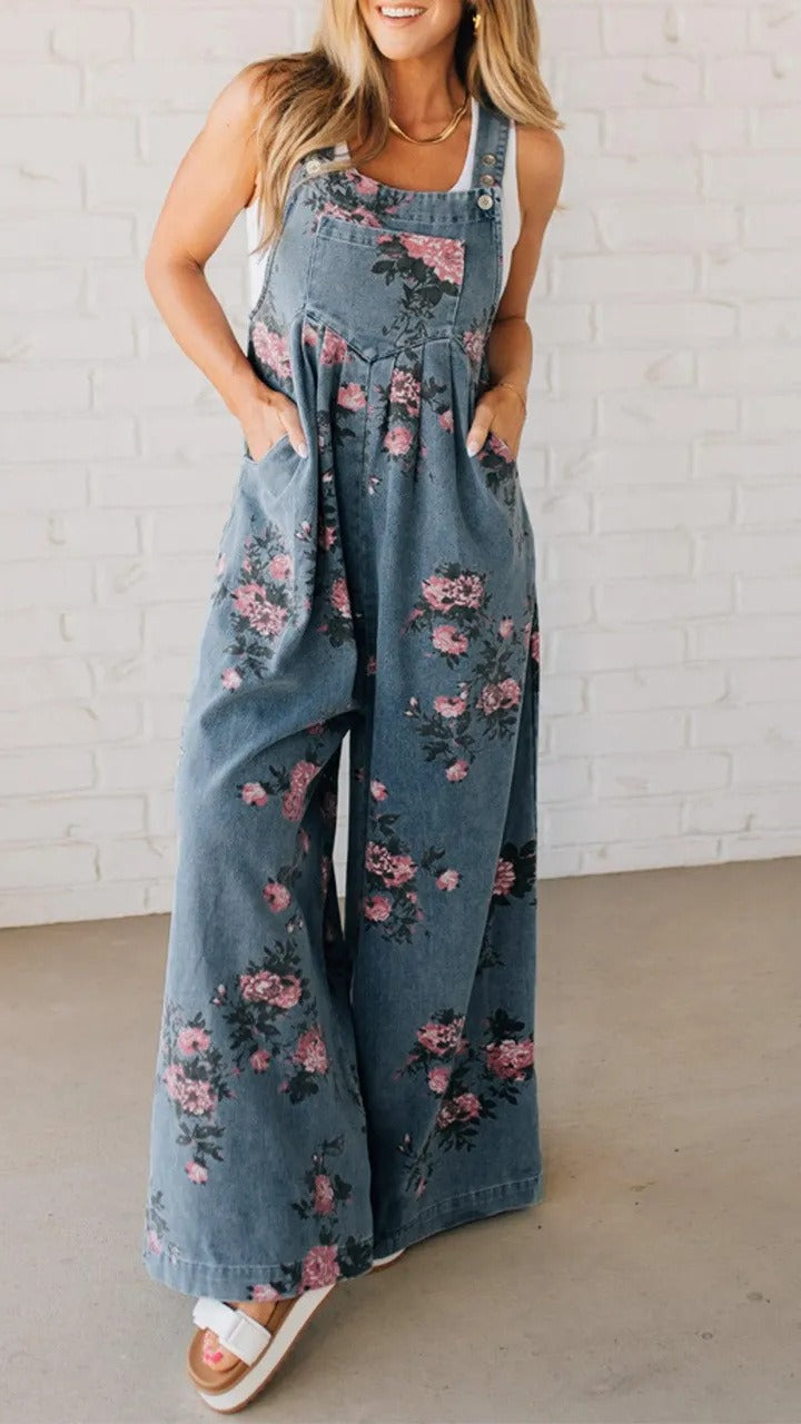 Floral Denim Sleeveless Jumpsuit