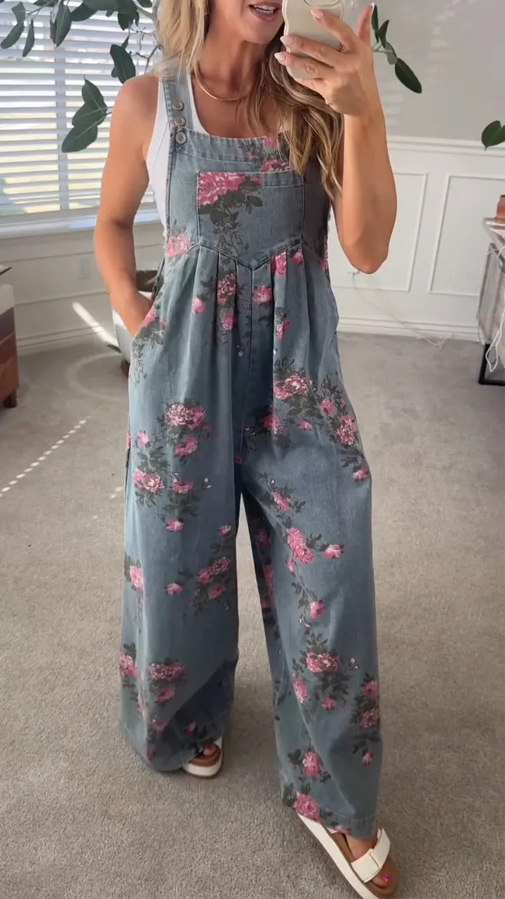 Floral Denim Sleeveless Jumpsuit