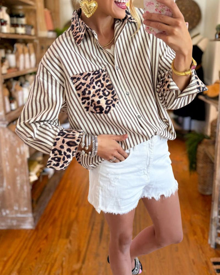 Leopard Patchwork Striped Shirt