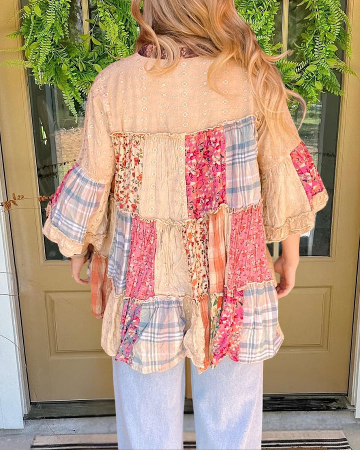 Retro Floral Plaid Patchwork V-Neck Top
