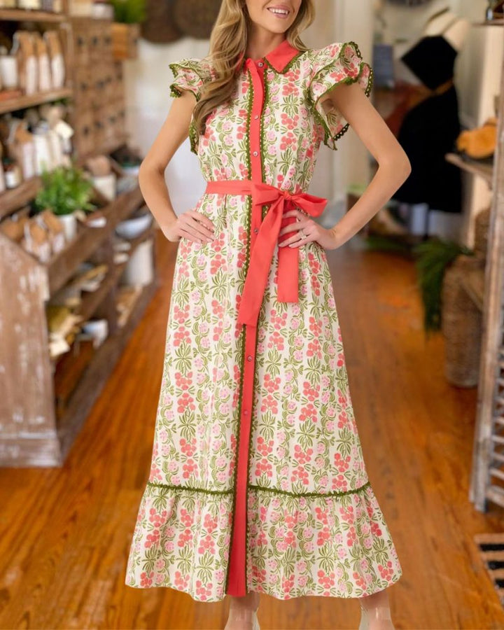 Vintage Floral Ruffle Sleeve Belted Maxi Dress