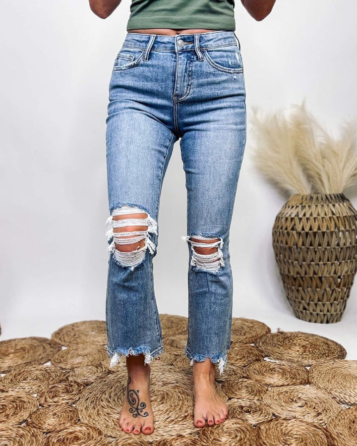 Trendy High Waist Tassel Ripped Wide Leg Jeans