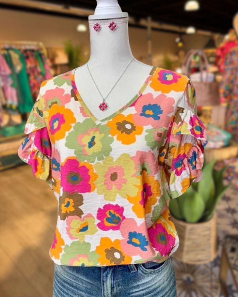 Floral Ruffle Sleeve Casual Top