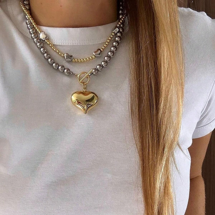 Silver Bead Lock Heart Necklace