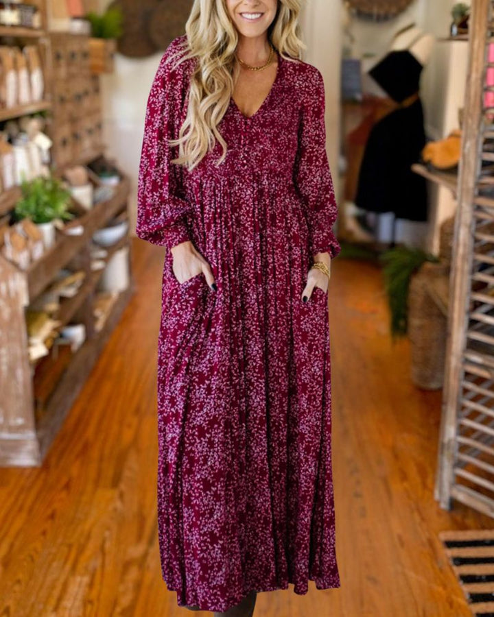 Polka Dot V-Neck Long Sleeve Maxi Dress