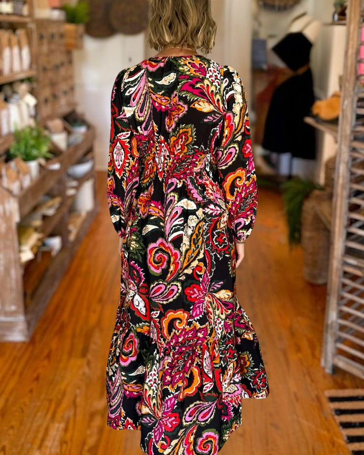 Vintage Floral Print Waist Maxi Dress